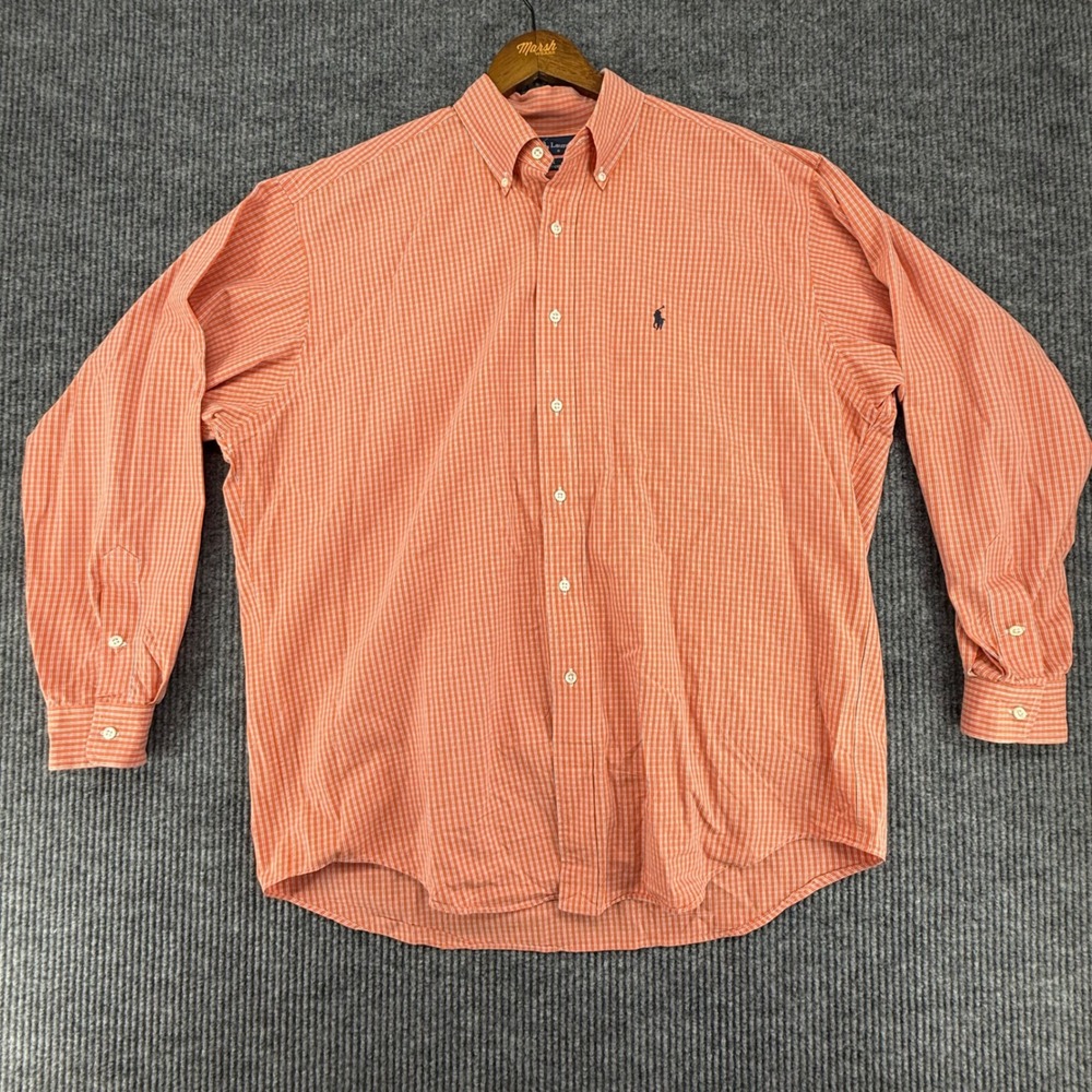 Ralph Lauren Button Down Mens L Orange Excellent Gingham Blake Cotton Shirt